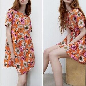 Zara Daisy Floral Babydoll Mini Dress Orange Cotton Retro 60s Mod Sz S NWOT